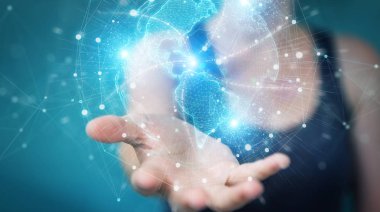 Amerika Birleşik Devletleri harita dünya ağ hologramı kullanarak Businesswoman 3D yeniden
