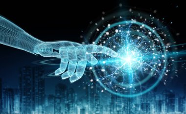 Wireframed mavi robot el dijital küre ağ 3d re dokunaklı