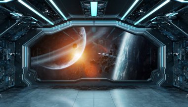 Koyu mavi uzay gemisi fütüristik iç spac pencere Manzaralı