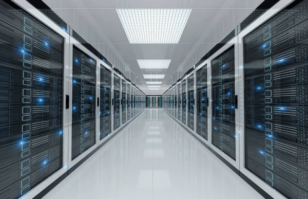 Λευκά servers κέντρο δωμάτιο με υπολογιστές και συστήματα αποθήκευσης 3D — Φωτογραφία Αρχείου