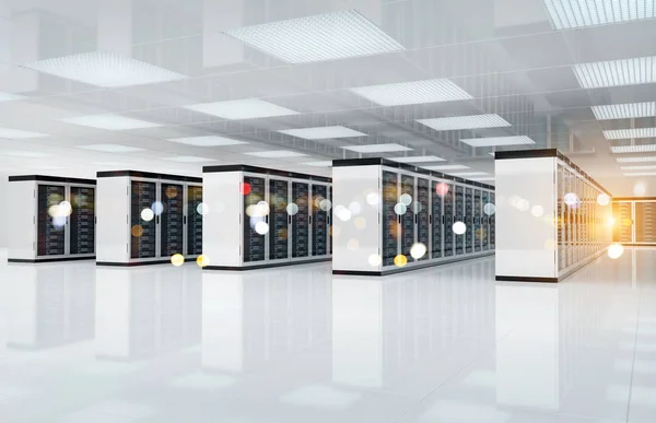 Servers κέντρο δεδομένων δωμάτιο με φωτεινό bokeh φως περνά από t — Φωτογραφία Αρχείου