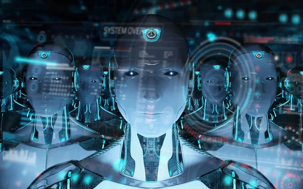 Ομάδα των κεφαλών αρσενικών ρομπότ χρησιμοποιώντας ψηφιακό ολόγραμμα οθόνες 3d ren — Φωτογραφία Αρχείου