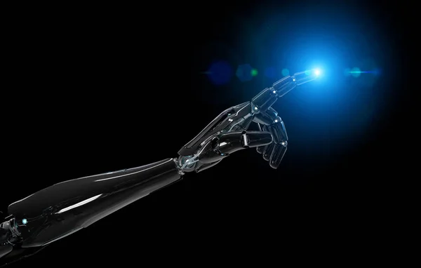 Black and blue intelligent robot cyborg arm pointing finger on d
