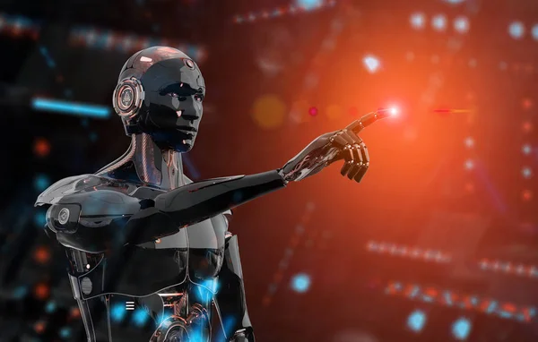 Чорно-помаранчевий інтелектуальний робот кіборг вказує палець на Дар — стокове фото