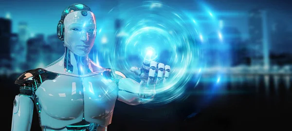 Hvit humanoid robot som skaper ny futuristisk energikilde – stockfoto