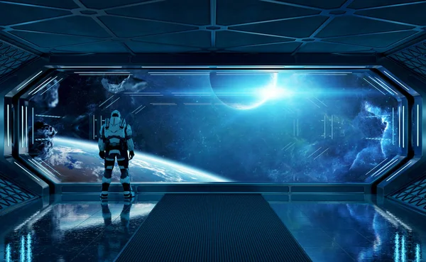 Astronaut i futuristisk romskip ser på plass gjennom et stort – stockfoto