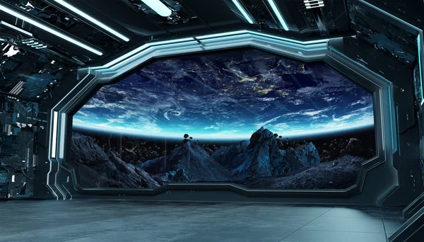 Nave espacial azul oscuro interior futurista con vista a la ventana en spac —  Fotos de Stock