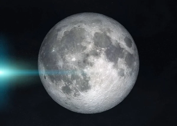 Vista de una luna llena en el espacio con estrellas de fondo 3D representación — Foto de Stock