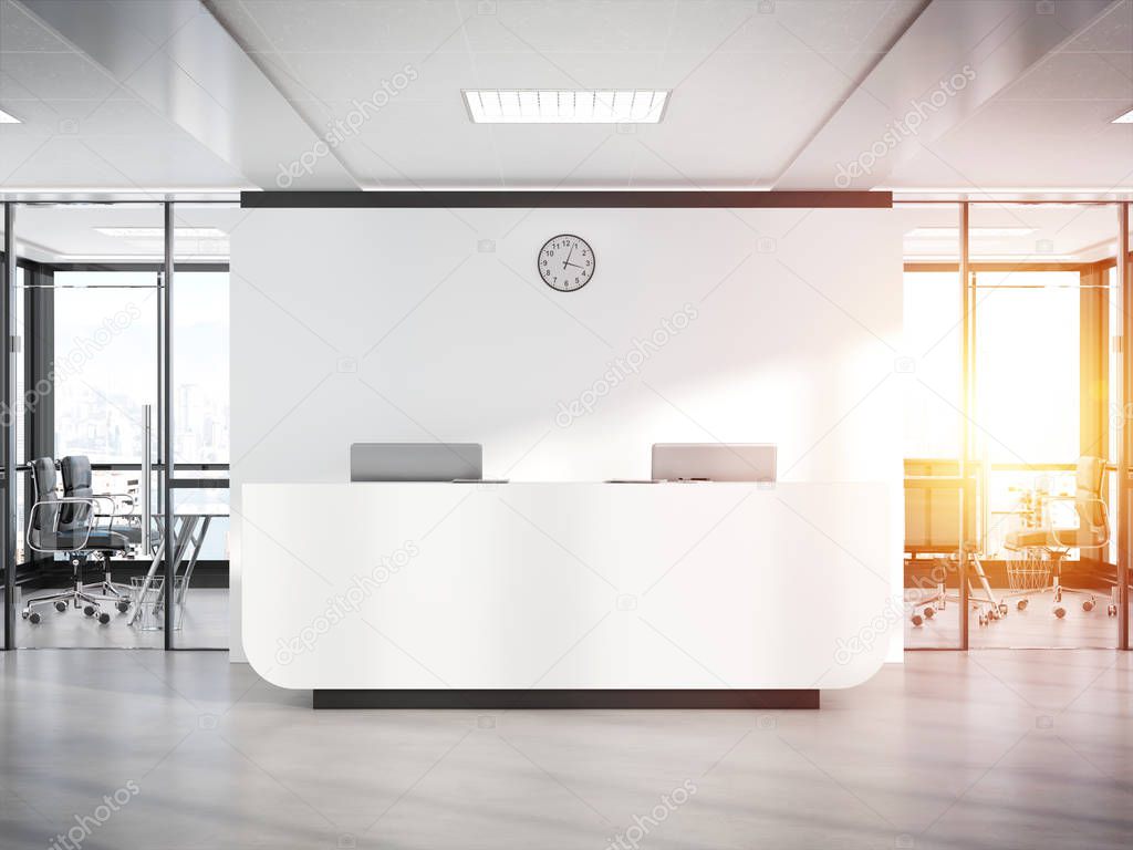 Blank white reception desk in bright concrete office with large windows Mockup 3D rendering