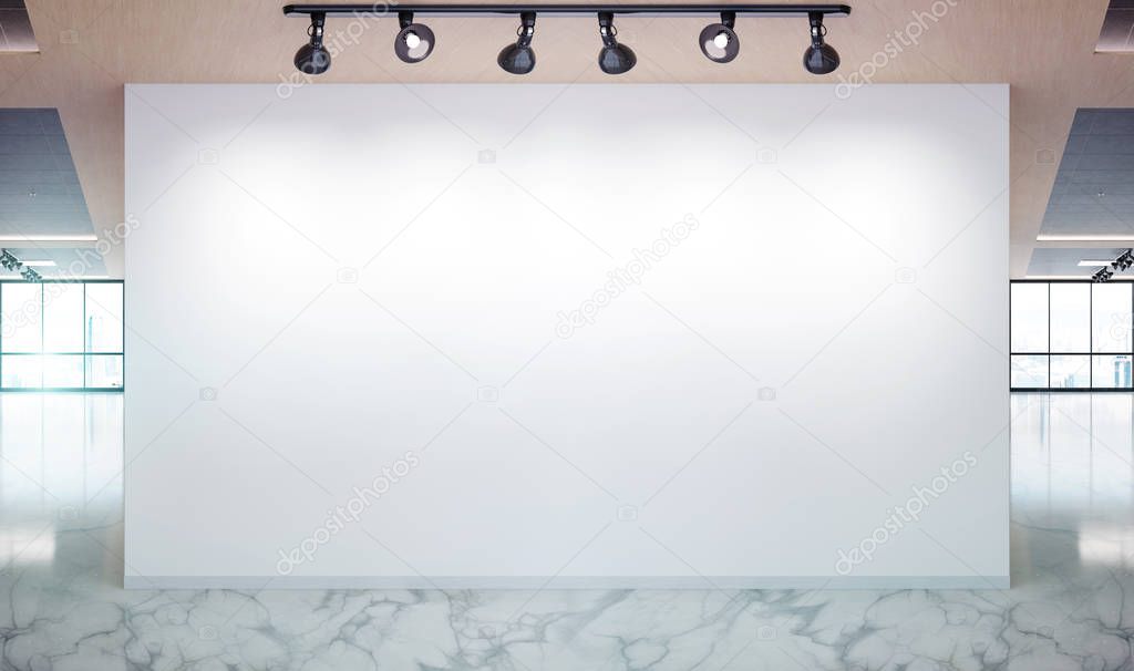 Blank wall in bright marble and wooden office mockup with large windows and sun passing through 3D rendering