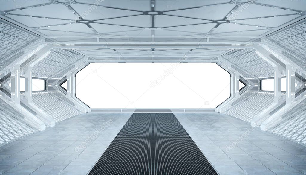 White blue spaceship futuristic interior mockup with window view