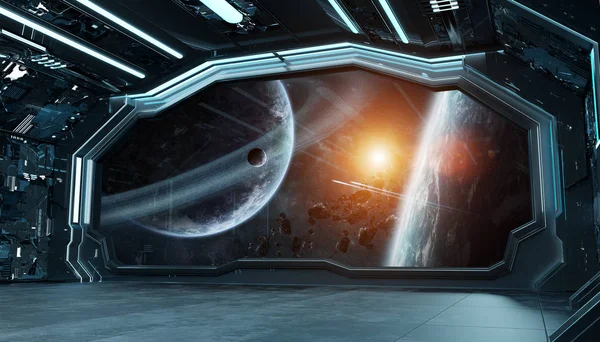 Темно-синій космічний корабель футуристичний інтер'єр з видом на вікно на просторі — стокове фото