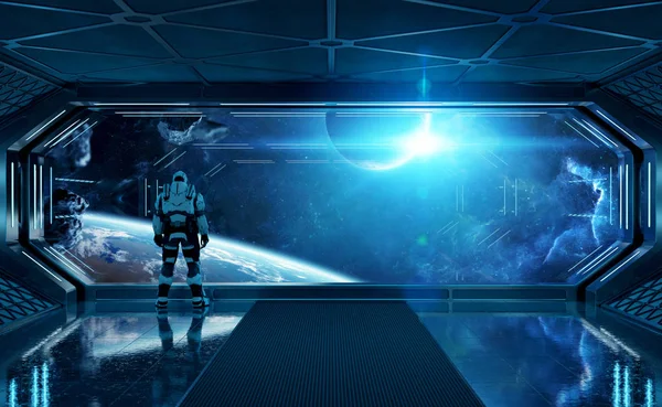 Astronaut in futuristic spaceship watching space through a large — Stock Photo, Image