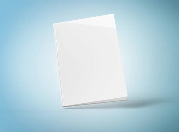 Libro de tapa dura en blanco maqueta flotando en la representación azul 3D —  Fotos de Stock