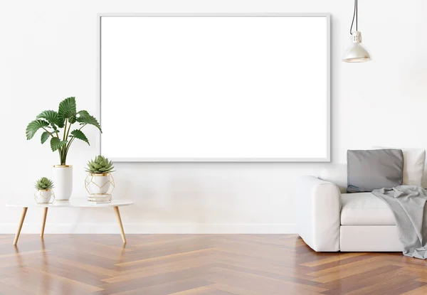Frame opknoping in helder witte woonkamer met planten en decora — Stockfoto