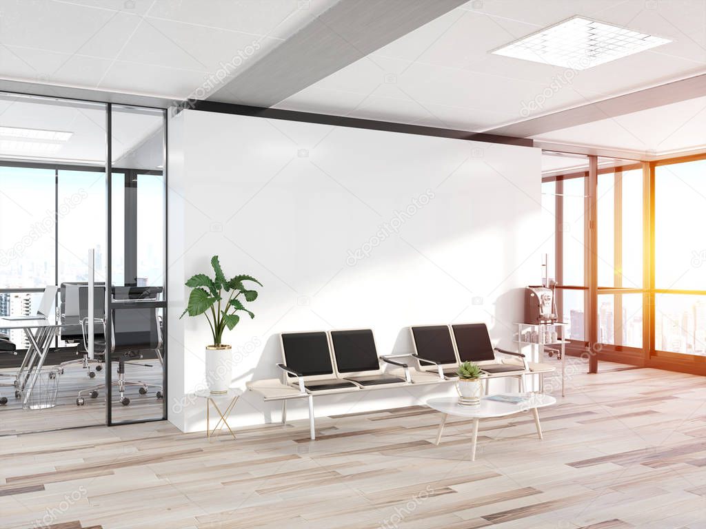 Blank white wall in bright concrete waiting room with large windows Mockup 3D rendering