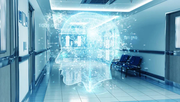 Hospital blue corridor with digital xray brain floating in dots — Stock Photo, Image