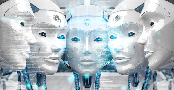 Skupina žen roboty hlav pomocí digitálních hologram obrazovky 3d r — Stock fotografie