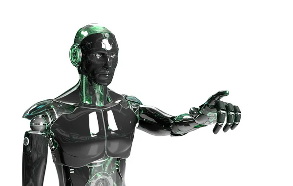 Schwarzer und grüner intelligenter Roboter Cyborg zeigt mit dem Finger auf Weiß — Stockfoto