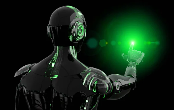 Black and green intelligent robot cyborg pointing finger on dark