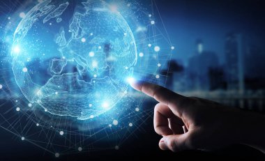 Avrupa harita küre ağ hologram 3d rend kullanarak işadamı el