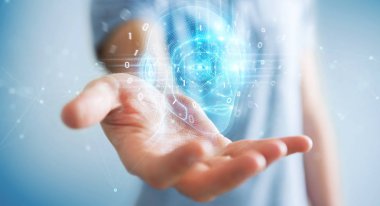 Dijital yapay zeka kafa arayüzünü kullanan işadamı