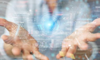 Verileri 3D render ile dijital teknolojik arayüz kullanan kadın