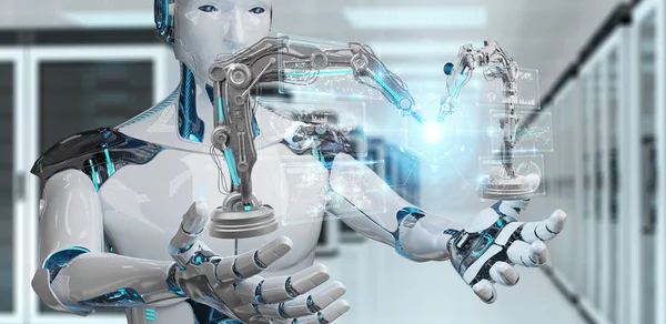 Robot hombre blanco con brazos robóticos con pantalla digital 3D rende —  Fotos de Stock