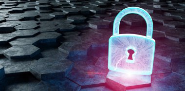 Altıgenler arka plan 3d rende üzerinde siyah mavi ve pembe asma kilit simgesi