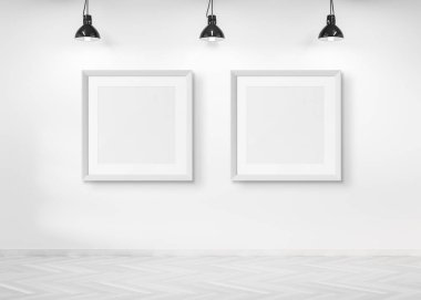 Bir duvarmockup 3d render asılı iki kare çerçeveler