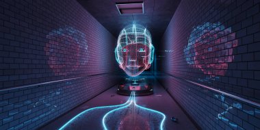 Cyborg hologram bir metro iç 3d render izlerken