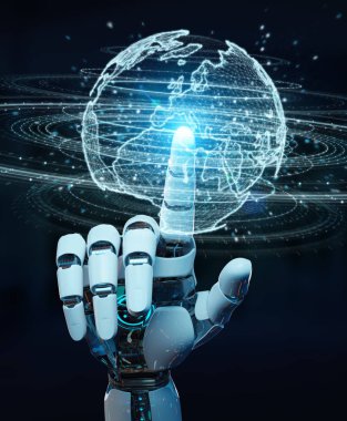 Beyaz insansı el kullanarak ağ hologram Avrupa Haritası ile Küre
