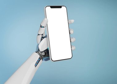 Beyaz robot el smartphone mockup 3d render tutarak