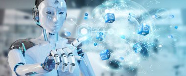 Dijital ekran arabirimi 3d işlemesini kullanan beyaz kadın robot