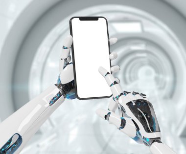 Beyaz robot el smartphone mockup 3d render tutarak