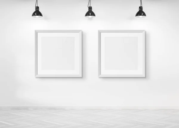 Due cornici squadrate appese a una parete mockup rendering 3d — Foto Stock