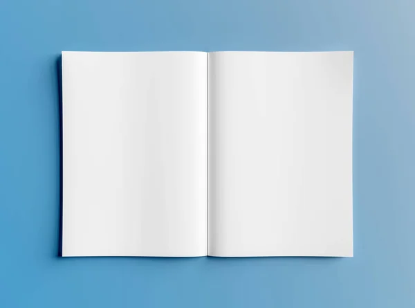 Mockup de revista aberta branca isolada em renderização 3D azul — Fotografia de Stock