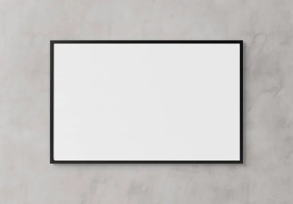 Cadre horizontal rectangulaire noir accroché à un mur blanc mocku — Photo