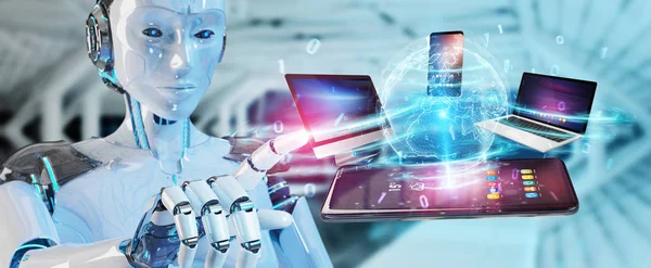 Modern devices connected in robot hand 3D rendering — Stock Photo, Image