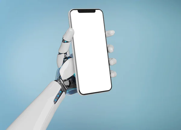 Dłoń biały robot trzymając smartfon makieta renderowania 3d — Zdjęcie stockowe