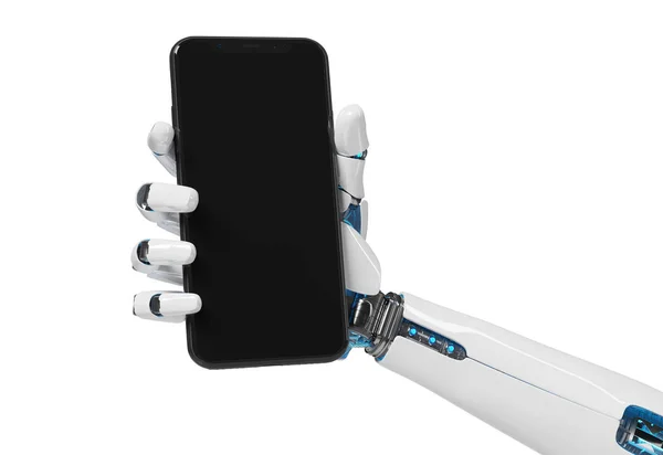 Dłoń biały robot trzymając smartfon makieta renderowania 3d — Zdjęcie stockowe