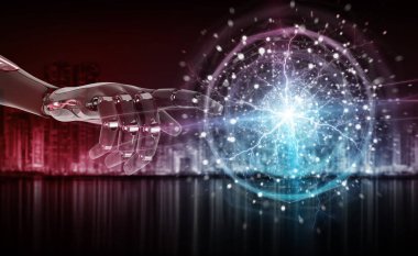 Kırmızı robot bir dijital dünya sistemi 3d render kesmek