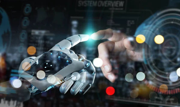 로봇 손 및 디지털 그래프 인터페이스 3d 다시 감동 하는 인간의 손 — 스톡 사진