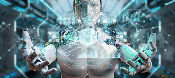 Vita manliga cyborg använder digitala datas gränssnitt 3d-rendering — Stockfoto