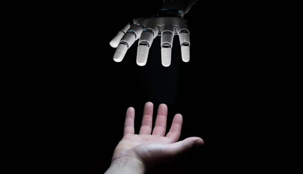 Robot hand making contact with human hand on dark background 3D