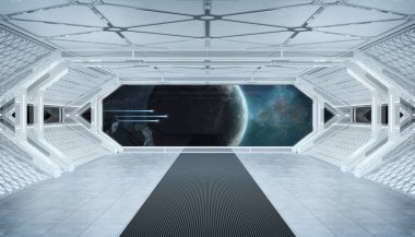 Beyaz mavi uzay gemisi fütüristik iç pencere manzaralı spa