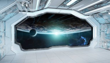 Beyaz mavi uzay gemisi fütüristik iç pencere manzaralı spa