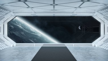 Beyaz mavi uzay gemisi fütüristik iç pencere manzaralı pla