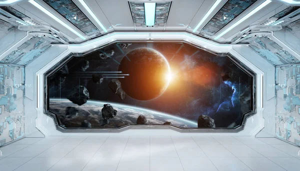 Beyaz mavi uzay gemisi fütüristik iç pencere manzaralı spa — Stok fotoğraf
