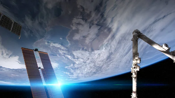 Tekintettel a Föld bolygó egy űrállomás ablakon alatt sunris — Stock Fotó